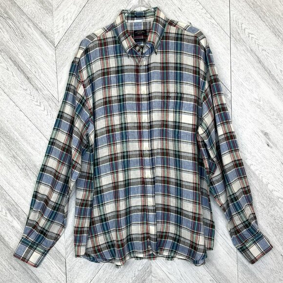 Paul & Shark 100% Linen Shirt Plaid Long Sleeve Mens Size 44 US XL Relaxed